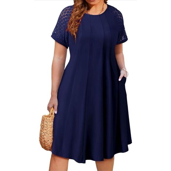 NEW Plus Size Lace Short Sleeve Crewneck Swing Midi Dress Pockets 3X - Picture 1 of 5